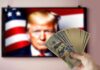 Hand holding cash in front of American flag background with Donald Trump's face