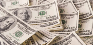 Stacks of one hundred dollar bills scattered.