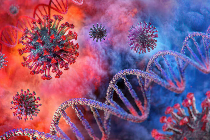 shutterstock_1642467388.jpg featured image Coronavirus particles and DNA strands in a colorful background.