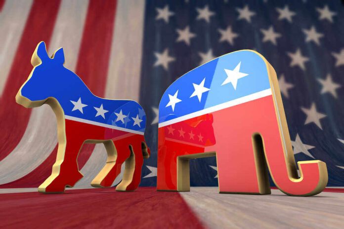 shutterstock_114868483.jpg featured image Donkey and elephant symbols with American flag background.