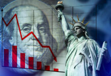 Statue of Liberty, Benjamin Franklin, declining red graph.