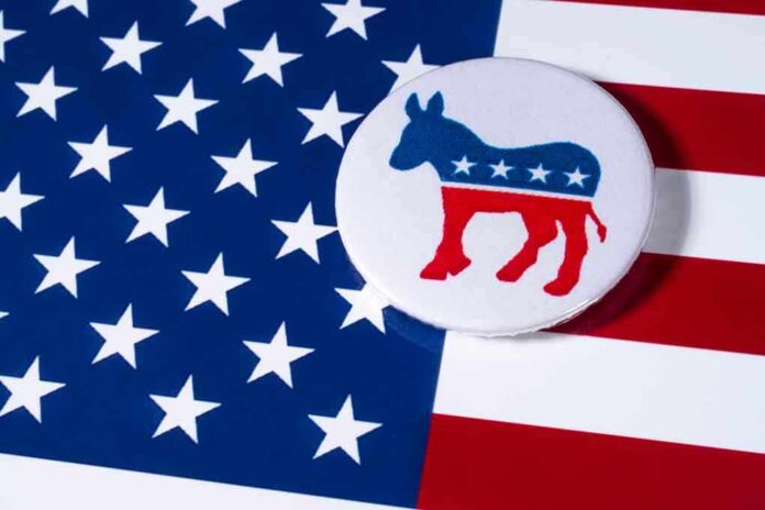 786450022 featured image Democratic donkey button on American flag background.