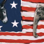 Donkey and elephant on American flag background.