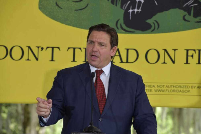Ron DeSantis speaking at a podium