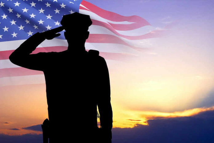 Silhouette of soldier saluting in front of flag
