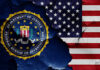 FBI seal superimposed on cracked American flag