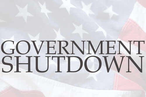 Text GOVERNMENT SHUTDOWN overlaid on an American flag background