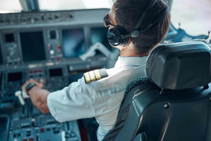 shutterstock_1827461363.jpg Pilot in cockpit wearing headphones and operating aircraft controls