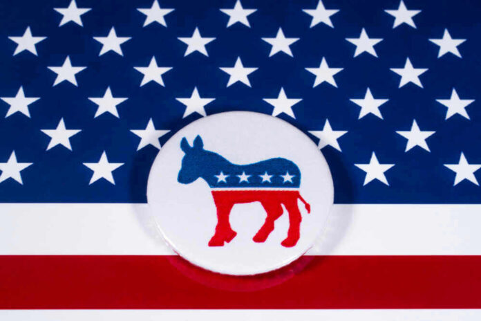 shutterstock_786450031.jpg Democratic Party donkey on American flag background