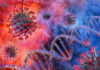 Coronavirus particles and DNA strands, colorful background.