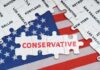 Puzzle pieces with the word CONSERVATIVE on an American flag background