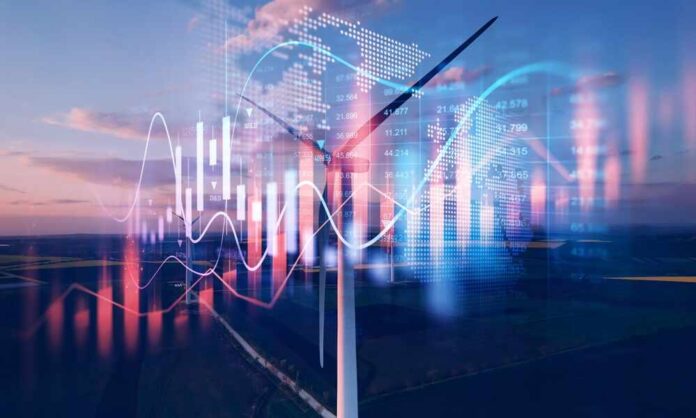 Wind turbine with digital data overlay against a sunset sky