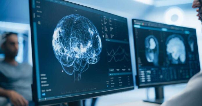 Screens displaying brain scans and data in a medical setting