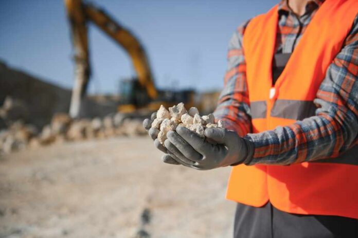 Construction worker holding rocks at a site with an excavator in the background