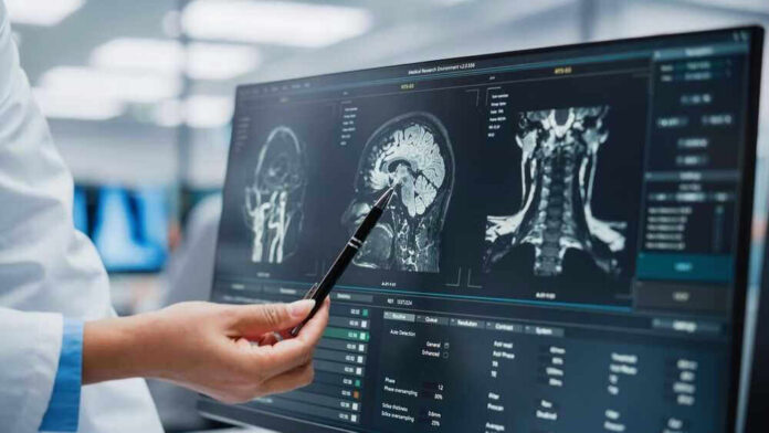 Doctor pointing at brain scans on a computer screen.