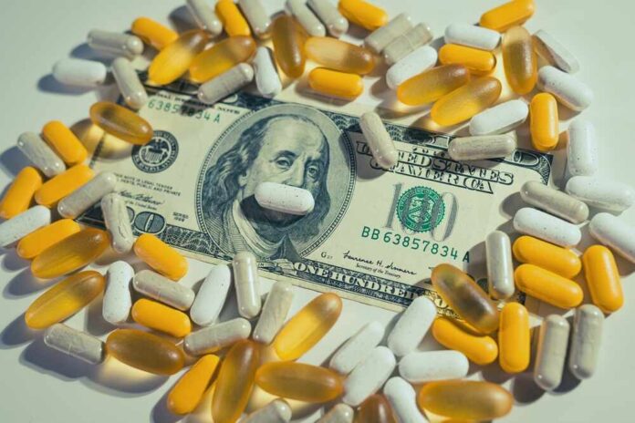 A one hundred dollar bill surrounded by various capsules and pills