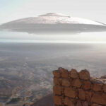 A UFO hovering above a desert landscape with ancient stone ruins in the foreground