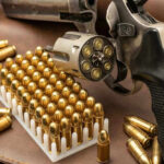 Revolver and bullets on a leather surface.