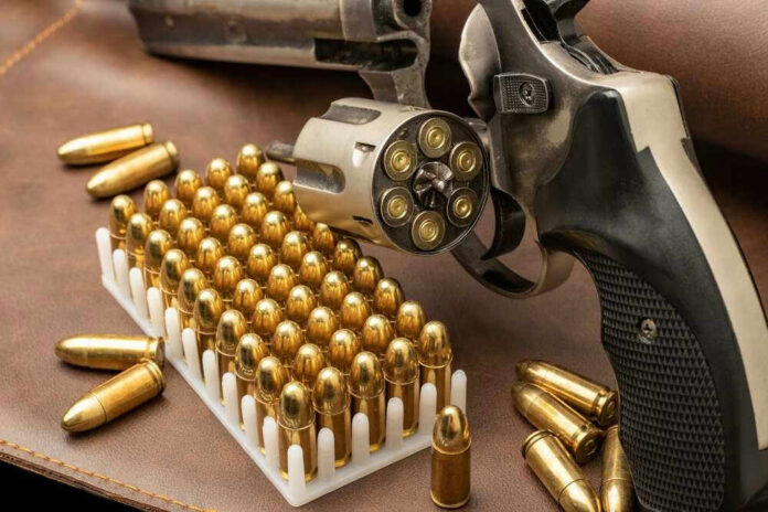 Revolver and bullets on a leather surface.