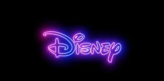 Neon Disney logo glowing against a dark background