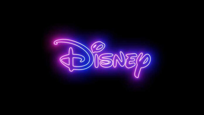 Neon Disney logo glowing against a dark background