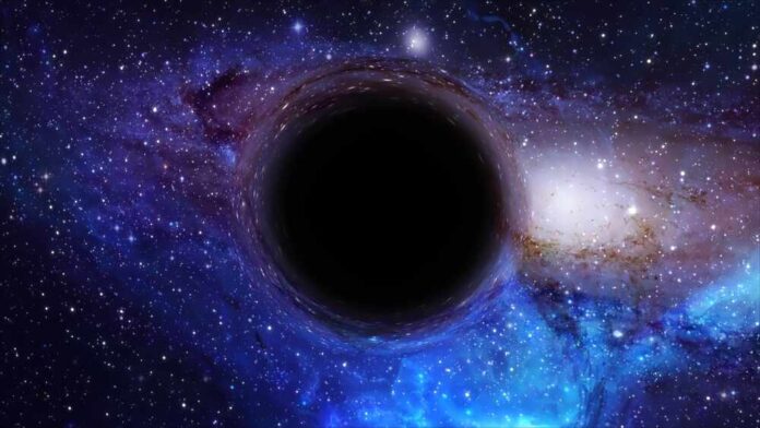 A black hole surrounded by a colorful galaxy filled with stars
