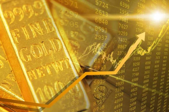 Gold bars with financial data and an upward trend graph