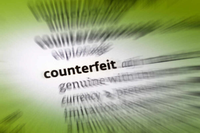 Blurred dictionary entry focusing on the word 'counterfeit'
