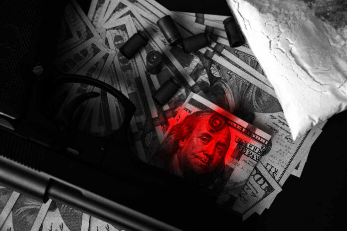 A gun, cash, and a bag of white powder arranged on a dark surface