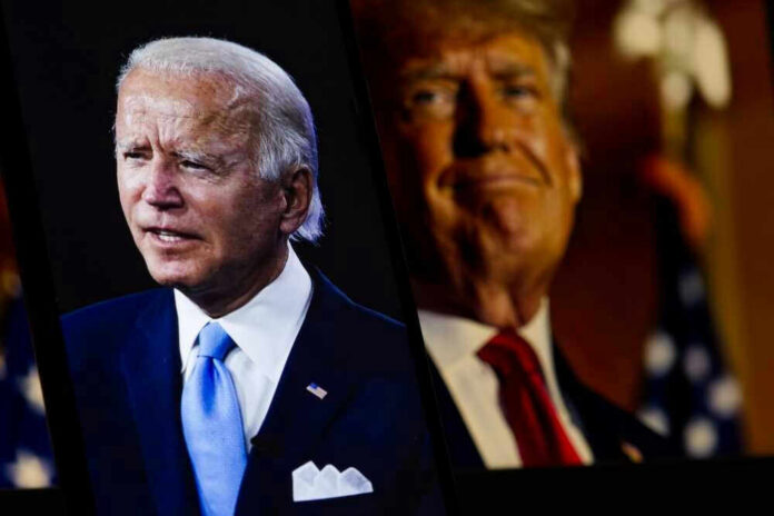 Joe Biden and Donald Trump side-by-side on screens.