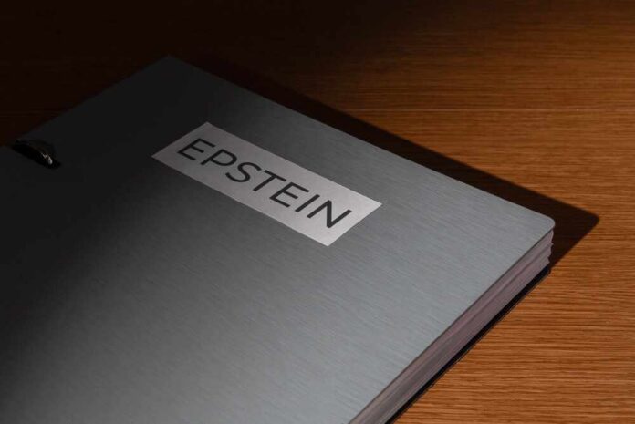 Close-up of a metallic binder labeled 'EPSTEIN'