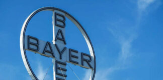 Bayer logo on a building against a clear blue sky