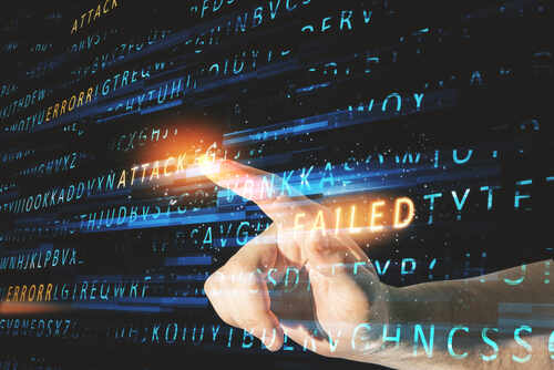 A hand pointing at a glowing error message in a digital environment