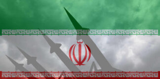 Silhouette of missiles in front of the Iranian flag