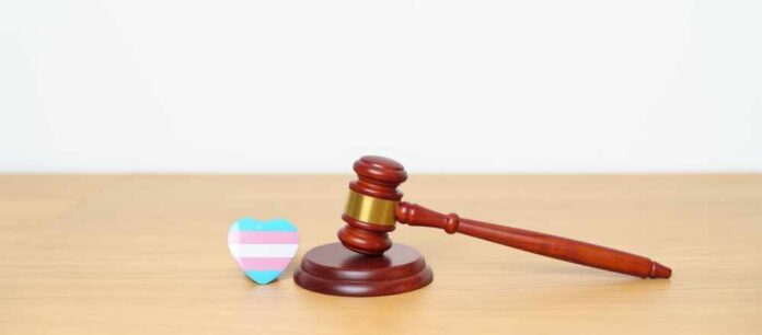 A wooden gavel next to a heart-shaped transgender pride flag