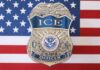 ICE officer badge displayed against an American flag background