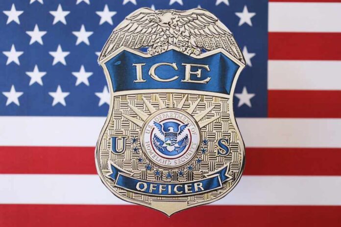 ICE officer badge displayed against an American flag background