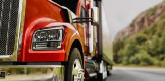 Close-up of a red truck on a road with a mountainous background