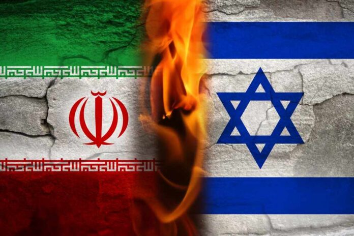 Flags of Iran and Israel with flames in between