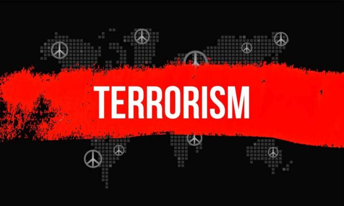 Graphic representation of terrorism with peace symbols and a bold red stripe