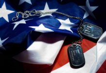 Military dog tags resting on an American flag