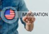 A person pointing at the word 'IMMIGRATION' with an American flag graphic
