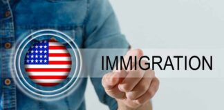 A person pointing at the word 'IMMIGRATION' with an American flag graphic