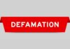 Red banner with the word 'DEFAMATION' in bold white letters