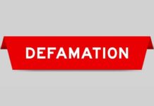Red banner with the word 'DEFAMATION' in bold white letters