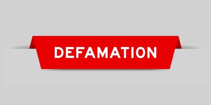 Red banner with the word 'DEFAMATION' in bold white letters