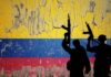 Silhouettes of armed individuals against a weathered Colombian flag background