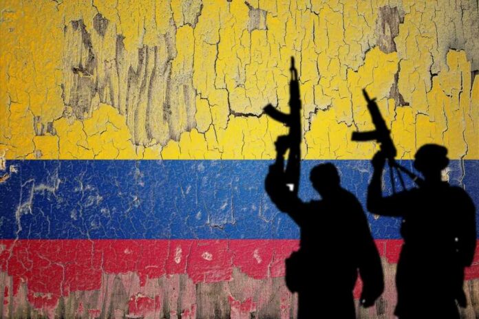 Silhouettes of armed individuals against a weathered Colombian flag background