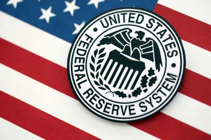 Federal Reserve System emblem on an American flag background