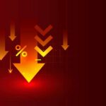 Graphic representation of downward arrows and a percentage symbol on a red background